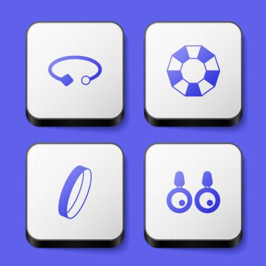 Set Bracelet jewelry, Diamond, Wedding ring and Earrings icon. White square button. Vector