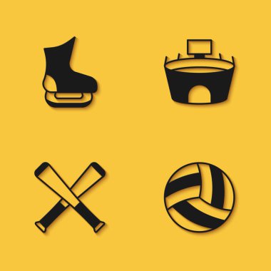 Set Skates, Volleyball ball, Crossed baseball bat and Stadium icon with long shadow. Vector