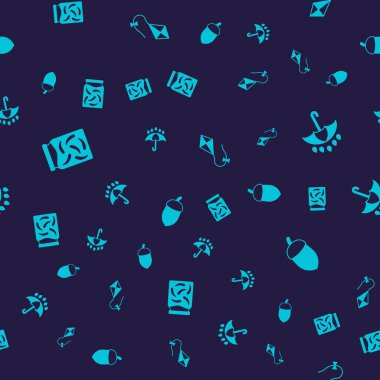 Set Pickled cucumbers in a jar, Umbrella and rain drops, Kite and Acorn on seamless pattern. Vector