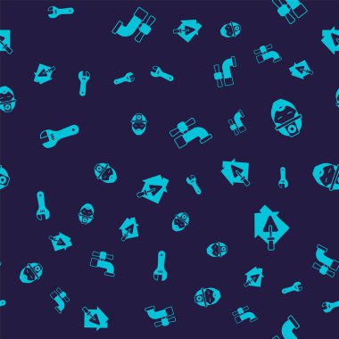 Set Adjustable wrench, Builder, Water tap and House with trowel on seamless pattern. Vector
