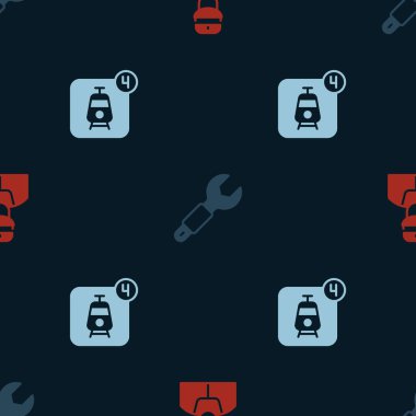 Set Train conductor, Wrench spanner and Online ticket booking on seamless pattern. Vector