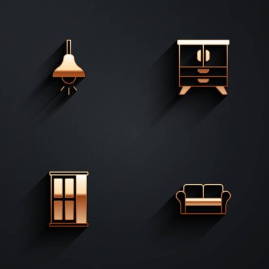 Set Lamp hanging, Chest of drawers, Wardrobe and Sofa icon with long shadow. Vector