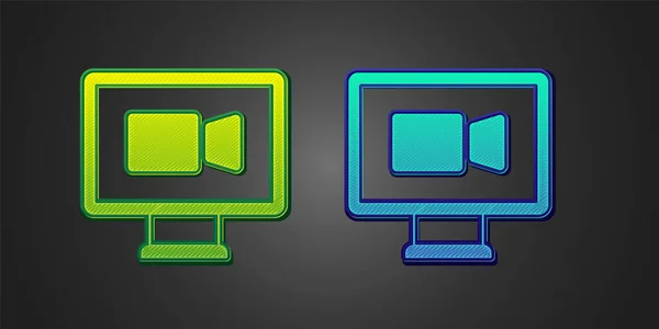 Grüne Und Blaue Videokonferenz Ikone Isoliert Auf Schwarzem Hintergrund Online — Stockvektor