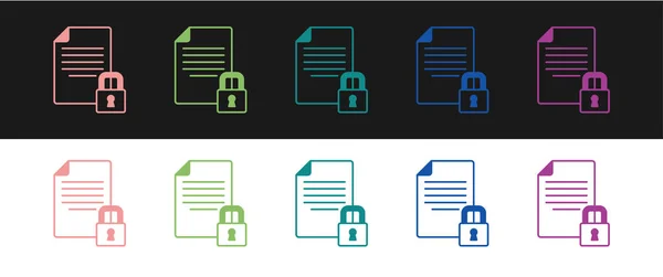 Dokument Und Schloss Symbol Isoliert Auf Schwarz Weißem Hintergrund Einstellen — Stockvektor