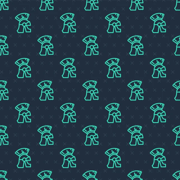 Yeşil çizgi Roma askeri miğfer ikonu mavi arka planda kusursuz desen izole etti. Vektör