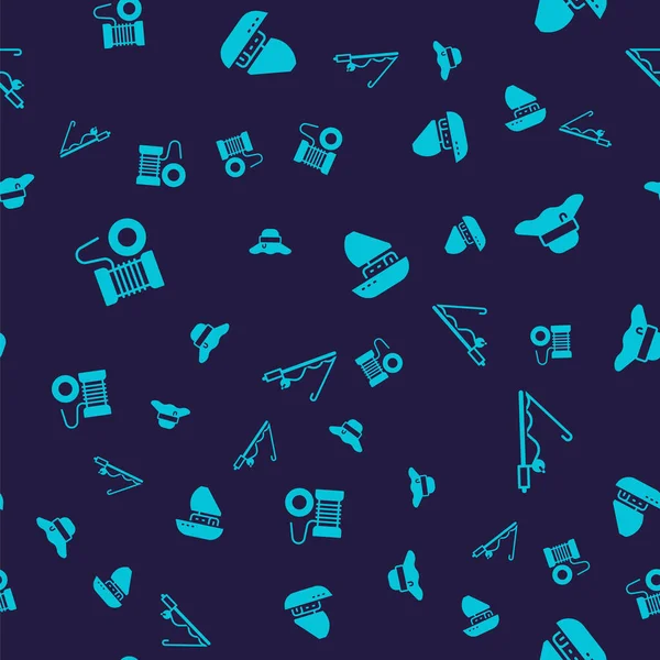 Set Spinning reel for fishing, Fisherman hat, Yacht sailboat and Fishing rod on seamless pattern. Vector