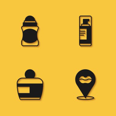 Set Deodorant roll, Smiling lips, Cream lotion cosmetic tube and Shaving gel foam icon with long shadow. Vector