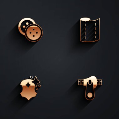 Set Sewing button for clothes, Textile fabric roll, Leather and Zipper icon with long shadow. Vector