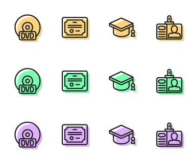 Set line Graduation cap, CD or DVD disk, Certificate template and Identification badge icon. Vector