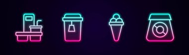 Set line Coffee cup to go, Cup tea, Ice cream in waffle and Online ordering food. Glowing neon icon. Vector