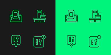Set line Food ordering, Cafe and restaurant location, mobile and Coffee cup to go icon. Vector