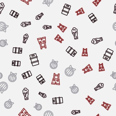 Set line Metal beer keg, Glass of, Wooden barrel on rack and Lederhosen on seamless pattern. Vector