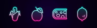 Set line Corn, Plum fruit, Cheese and Lemon. Glowing neon icon. Vector
