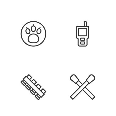 Set line Burning match with fire, Hunting cartridge belt, Paw search and Walkie talkie icon. Vector