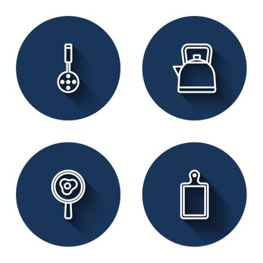 Set line Spatula, Kettle with handle, Fried eggs on frying pan and Cutting board with long shadow. Blue circle button. Vector
