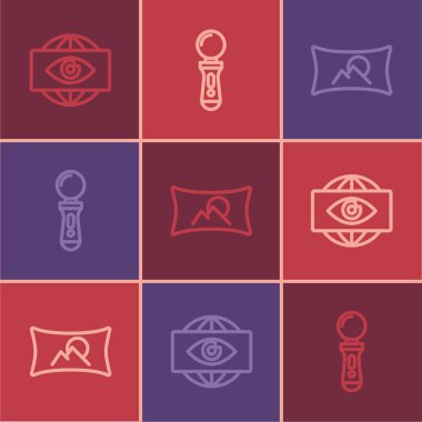 Set line Big brother electronic eye, Wide angle picture and VR controller game icon. Vector