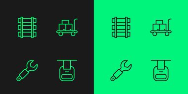 Set line Cable car, Wrench spanner, Railway, railroad track and Trolley suitcase icon. Vector