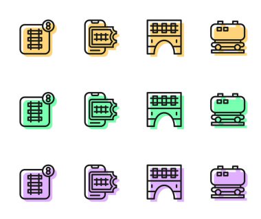 Set line Bridge for train, Online ticket booking,  and Oil railway cistern icon. Vector