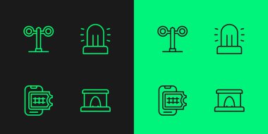Set line Railway tunnel, Online ticket booking, Train traffic light and Flasher siren icon. Vector