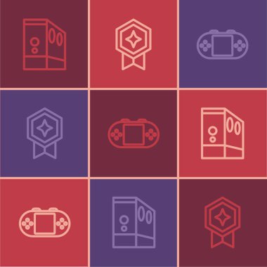 Set line Case of computer, Portable video game console and Game rating with medal icon. Vector