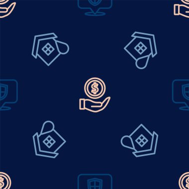 Set line Location shield, House flood and Money with on seamless pattern. Vector