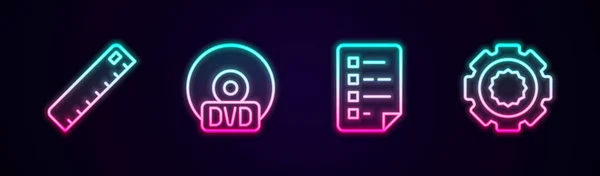 Set Line Ruler Dvd Disk Clipboard Checklist Gear Glowing Neon — Stockvektor