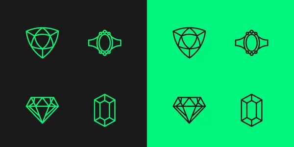 Set Line Gem Stone Diamond Engagement Ring Icon Vector — стоковый вектор