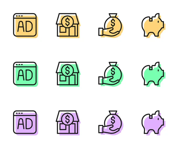 Set Line Money Bag Advertising Market Store Piggy Bank Icon — Vetor de Stock