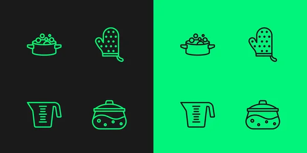 Set Line Cooking Pot Measuring Cup Oven Glove Icon Vector — Image vectorielle