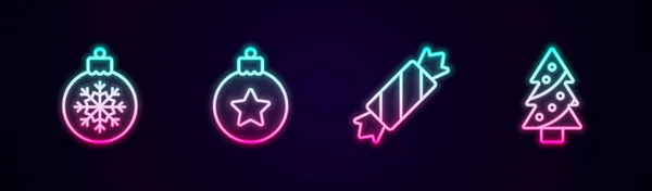 Set Line Christmas Ball Candy Tree Glowing Neon Icon Vector — Vector de stock