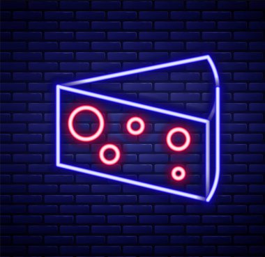 Parlayan neon hattı peynir ikonu tuğla duvar arka planında izole edilmiş. Renkli taslak konsepti. Vektör