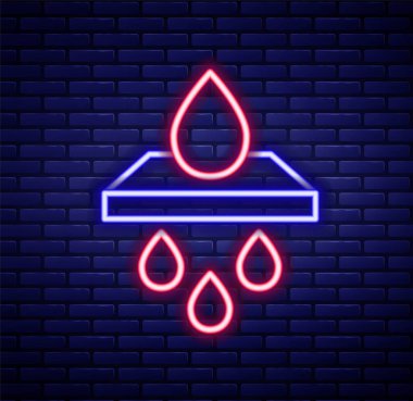 Parlayan neon hattı su filtresi kartuş simgesi tuğla duvar arka planında izole edildi. Renkli taslak konsepti. Vektör