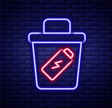 Parlayan neon hattı çöp kutusu simgesi tuğla duvar arka planında izole edildi. Çöp kutusu tabelası. Sepet simgesini geri dönüştür. Ofis çöpü ikonu. Renkli taslak konsepti. Vektör