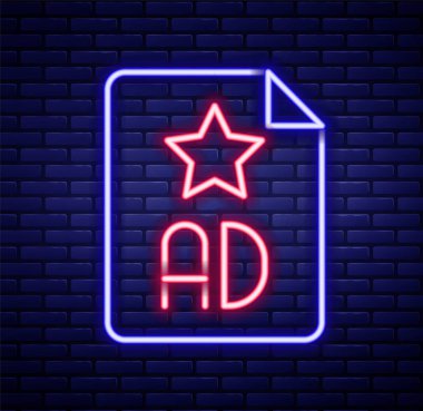 Parlayan neon hattı reklam simgesi tuğla duvar arka planında izole edildi. Pazarlama ve tanıtım süreci kavramı. İlgili reklamlar. Sosyal medya reklamcılığı. Renkli taslak konsepti. Vektör