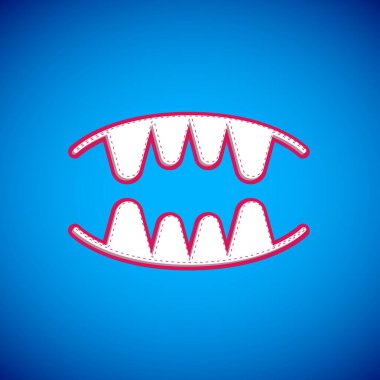 Beyaz Vampir dişleri ikonu mavi arka planda izole edilmiş. Mutlu Cadılar Bayramı Partisi. Vektör