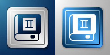 Beyaz Kitap simgesi mavi ve gri arkaplanda izole edildi. İkinci cilt. Gümüş ve mavi kare düğme. Vektör