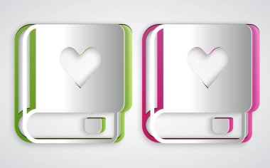 Kağıt kesiği romantizm kitabı simgesi gri arkaplanda izole edilmiş. Kağıt sanatı tarzı. Vektör