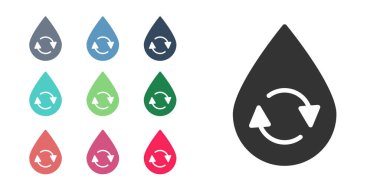 Siyah Geri Dönüşüm Temiz Su simgesi beyaz arka planda izole. İşaret geri dönüşümlü bir damla su. Simgeleri renklendirin. Vektör