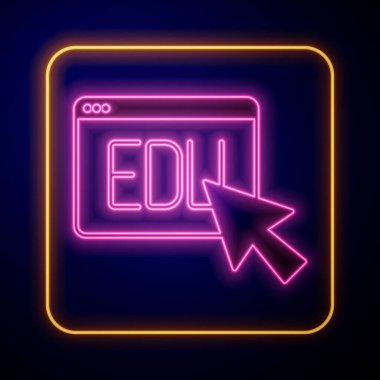 Parlayan neon çevrimiçi eğitim ve mezuniyet ikonu siyah arka planda izole edildi. İnternetteki öğretmen monitörde. Giyinme ve video semineri öğrenme. Vektör