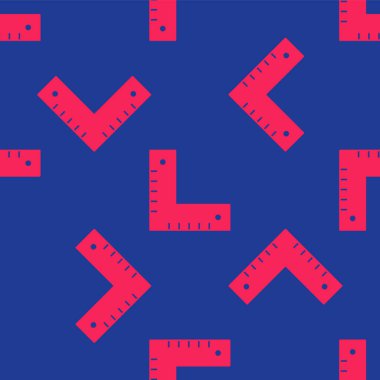 Kırmızı Köşeli cetvel simgesi mavi arkaplandaki kusursuz deseni izole etti. Yerleşim alanı, açı cetvel, marangozluk, ölçüm aletleri, ölçek. Vektör