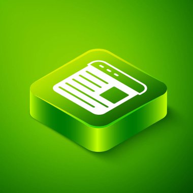 Isometric Reklam simgesi yeşil arkaplanda izole edildi. Pazarlama ve tanıtım süreci kavramı. İlgili reklamlar. Sosyal medya reklamcılığı. Yeşil kare düğmesi. Vektör