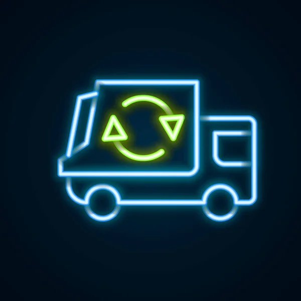 Lumineux néon ligne camion poubelle icône isolée sur fond noir. Concept de contour coloré. Vecteur — Image vectorielle
