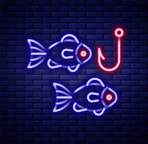 Светящийся неоновый рыболовный крючок под водой с иконкой рыбы на фоне кирпичной стены. Рыболовные снасти. Красочная концепция контура. Вектор — стоковый вектор