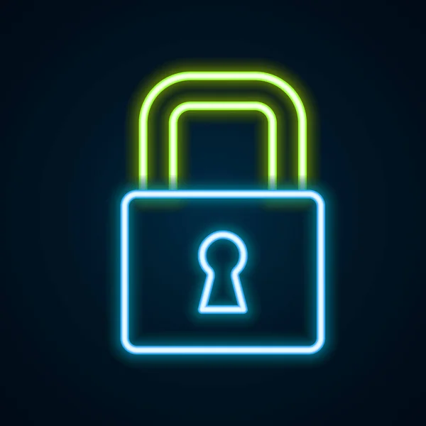 Świecąca neonowa ikona Lock odizolowana na czarnym tle. Znak kłódki. Bezpieczeństwo, ochrona, koncepcja prywatności. Kolorowy koncept. Wektor — Wektor stockowy