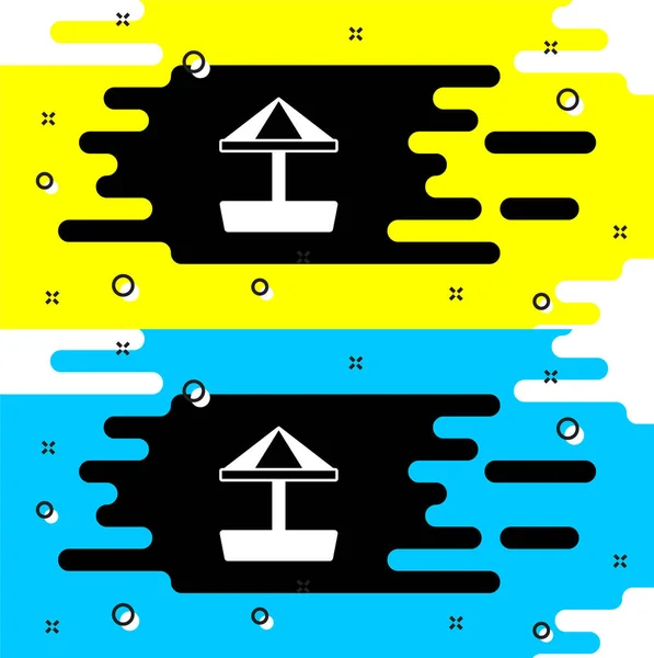 Caixa de areia branca para crianças com ícone de areia e guarda-chuva isolado no fundo preto. Vetor — Vetor de Stock