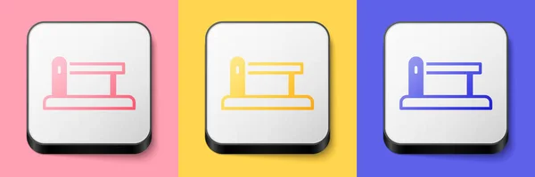 Isometric Railway barrier icon isolated on pink, yellow and blue background. Square button. Vector — Stockvektor