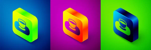Isometric Soy sauce in bowl icon isolated on blue, purple and green background. Square button. Vector — Stockvektor