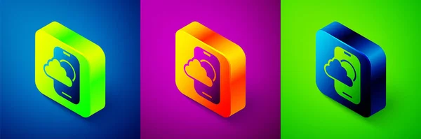 Isometric Weather forecast app icon isolated on blue, purple and green background. Square button. Vector — Stockvektor