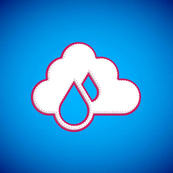 Mavi arka planda izole edilmiş yağmur ikonu olan beyaz bulut. Yağmur damlaları ile yağmur bulutu yağışı. Vektör — Stok Vektör