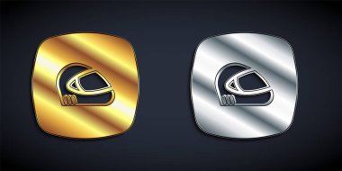 Siyah arka planda altın ve gümüş yarış başlığı ikonu izole edildi. Olağanüstü bir spor. Spor malzemeleri. Uzun gölge tarzı. Vektör